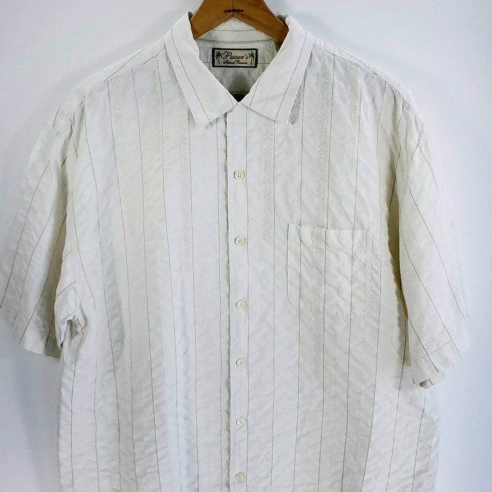 Pusser's Island Reserve Shirt Men's Large Ivory Embroidered Striped Button Front